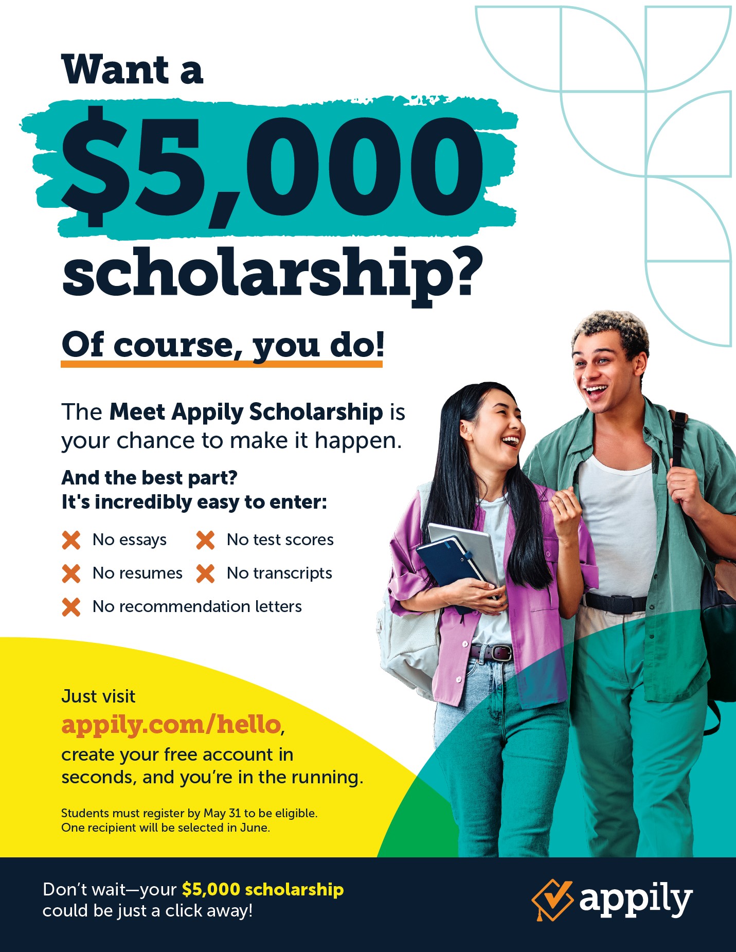 Flyer highlighting the $5,000 Meet Appily Scholarship, available to students when they register at appily.com/hello