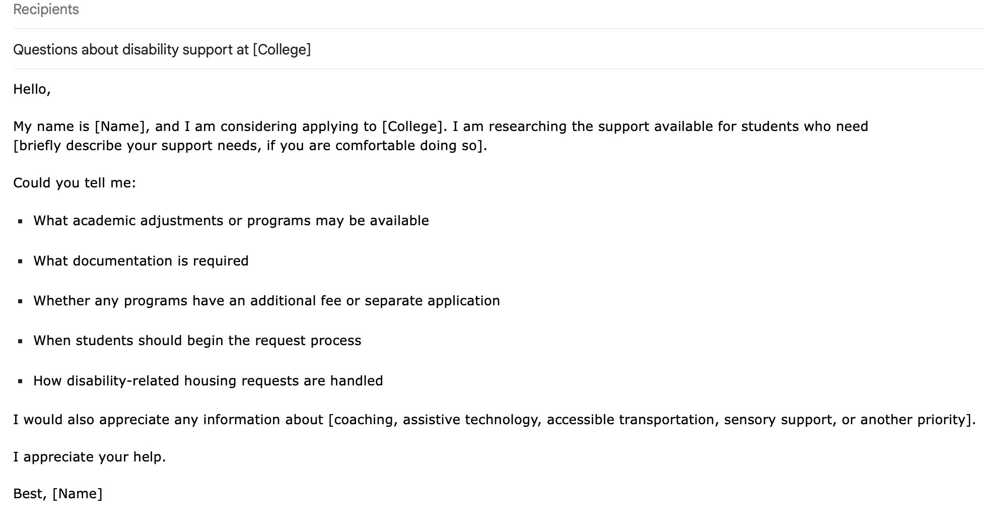Email template for contacting disability services