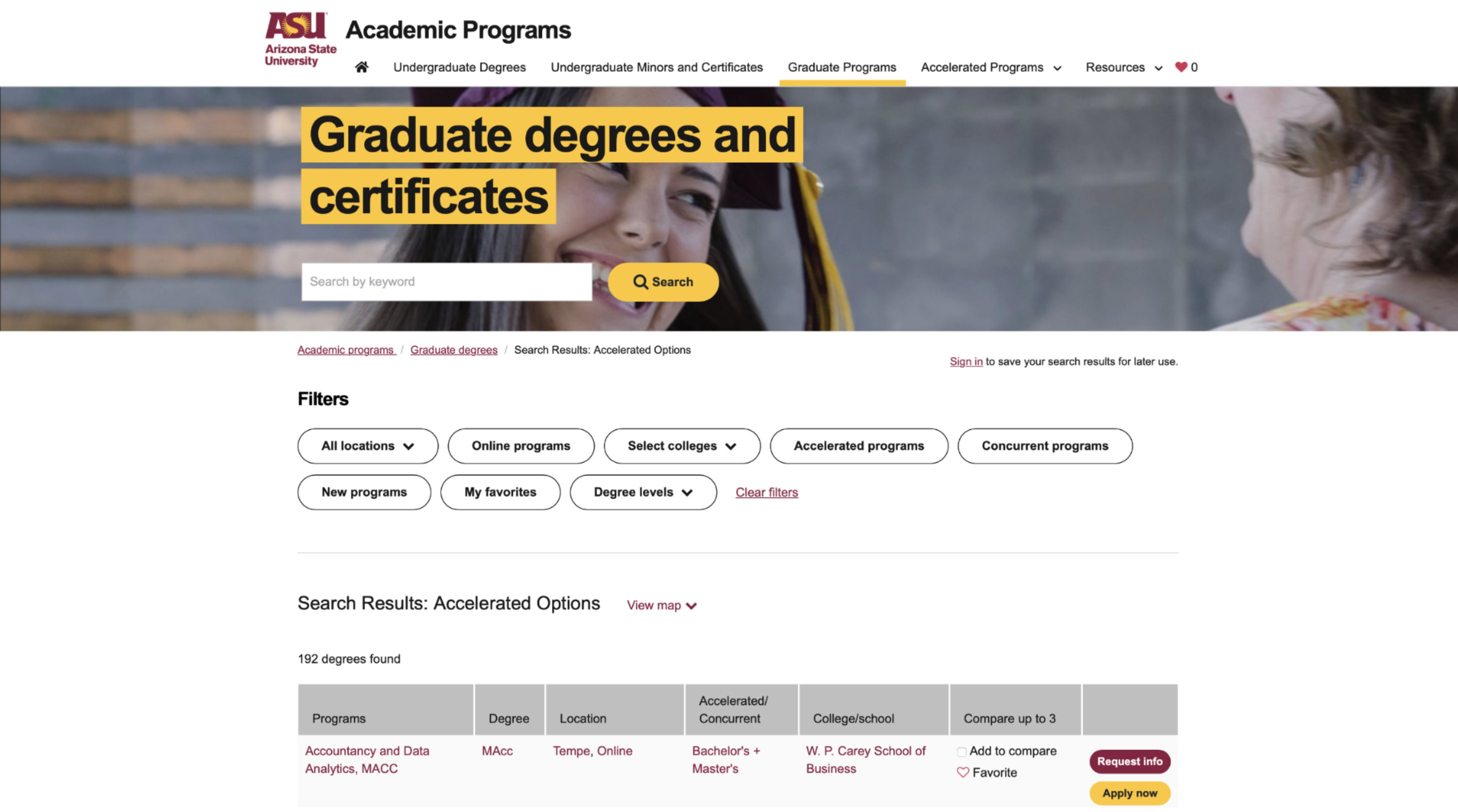 Arizona State University Graduate Degrees and Certificates page