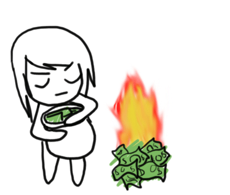 A drawing of a person throwing money into a fire. 