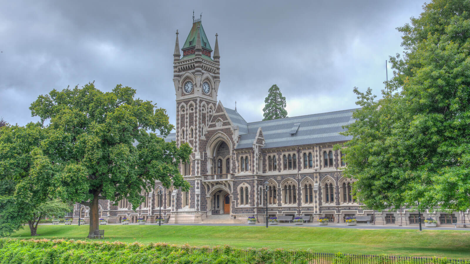 a college campus with green grass and trees