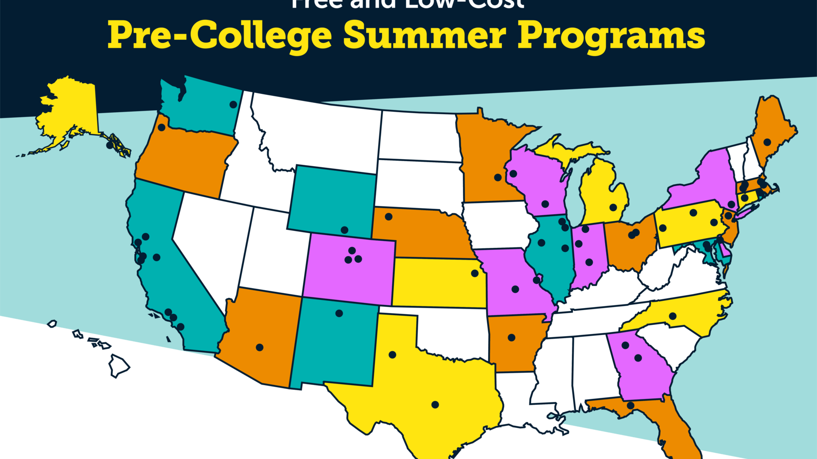 Map highlighting states with institutions that offer free and low-cost pre-college summer programs