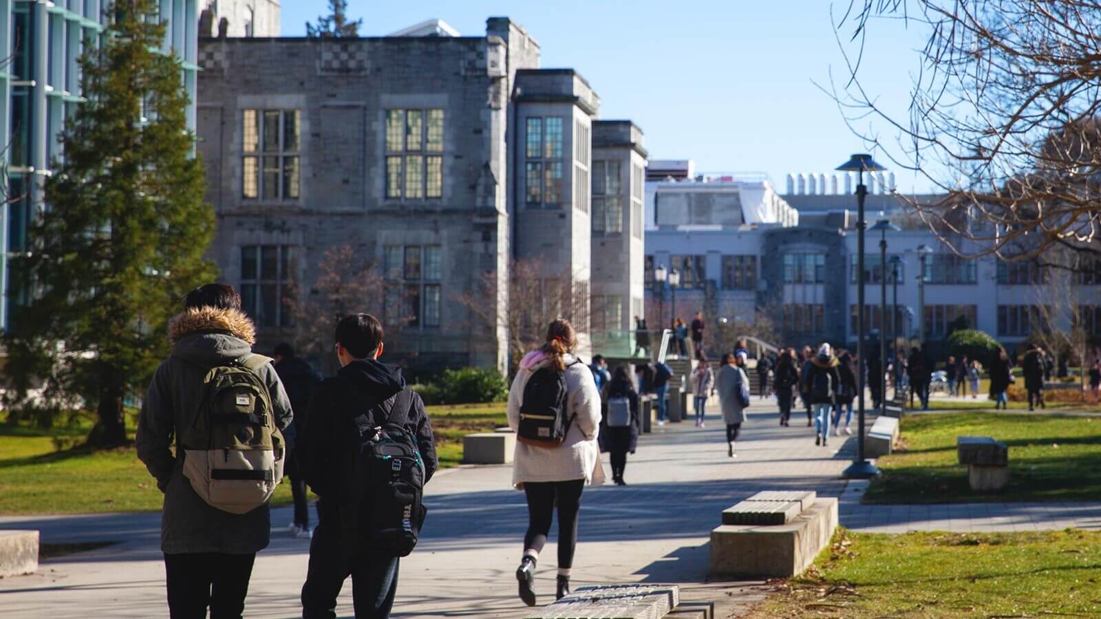 a group of students walks on a college campus