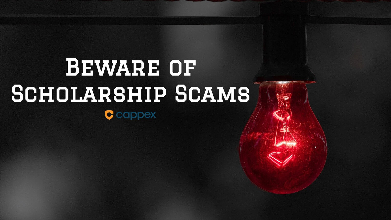 A red warning light with text that says beware of scholarship scams