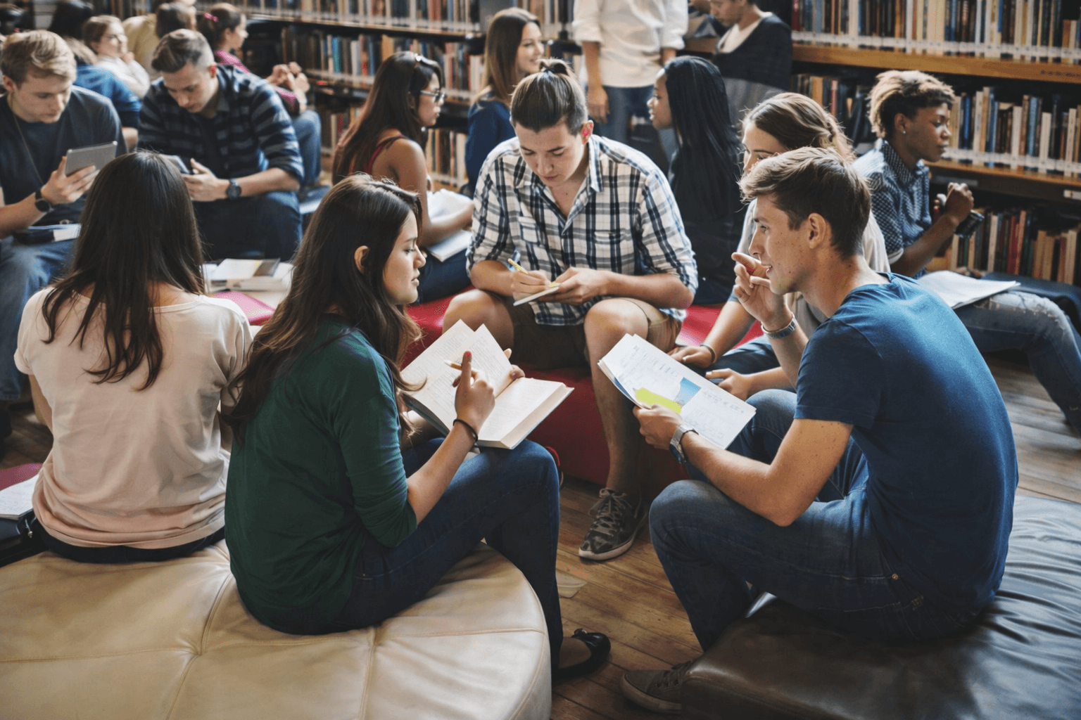 Students in a group studying