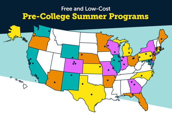 Map highlighting states with institutions that offer free and low-cost pre-college summer programs
