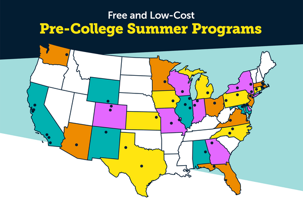 Map highlighting states with institutions that offer free and low-cost pre-college summer programs
