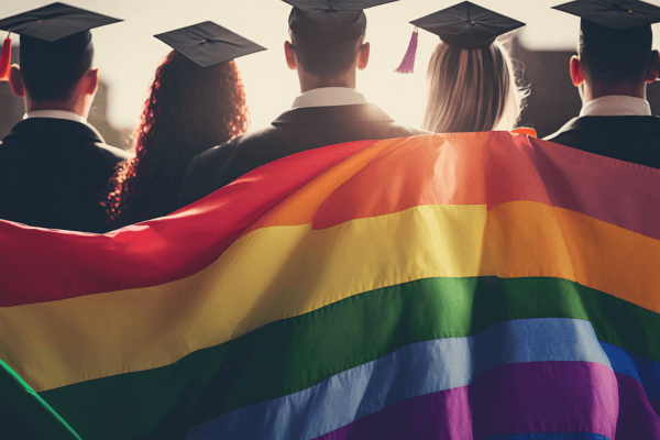 a group of students pictured from behind in their cap and gowns with a rainbow flag draped across their backs