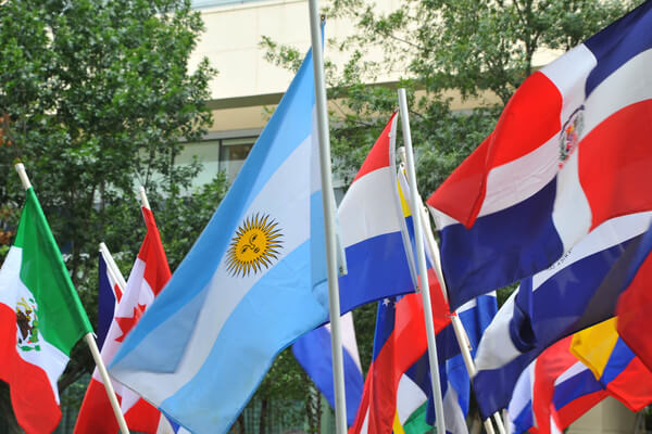 several international flags flying