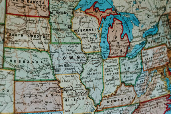 A map showing the midwest section of the United States of America