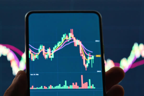 a smart phone showing the stock markets highs snd lows