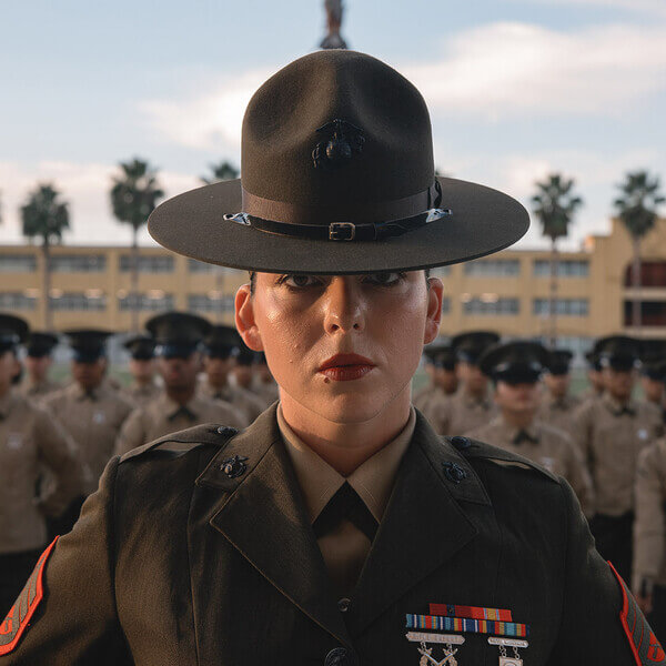 A Marine in uniform stands ready for drill