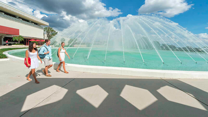 A view of a fountain on the Florida Southern College campus. 