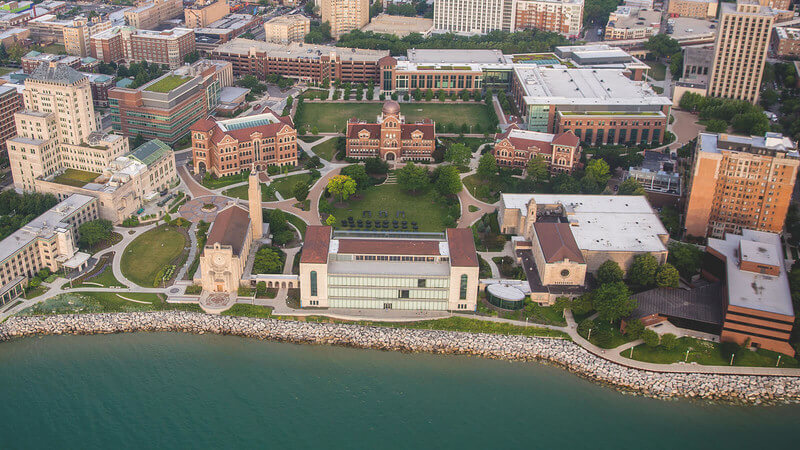 An overhead view of the Loyola University Chicago campus. 