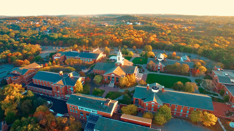 An overhead picture of the campus at Bentley University. 