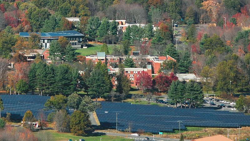 An overhead view of the campus at Hampshire College.