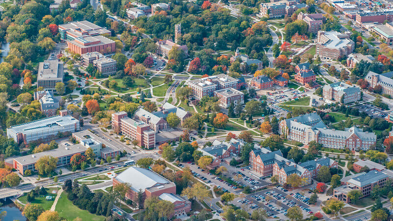 An overhead view of the campus at Michigan State University