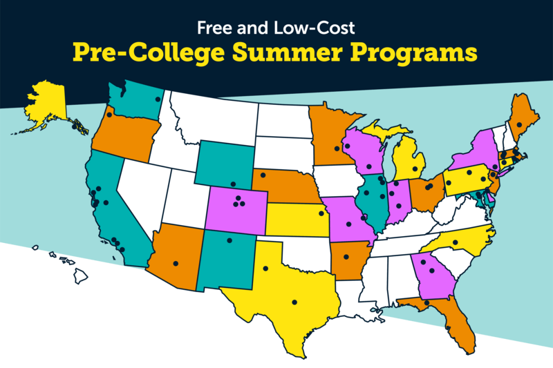 Map highlighting states with institutions that offer free and low-cost pre-college summer programs