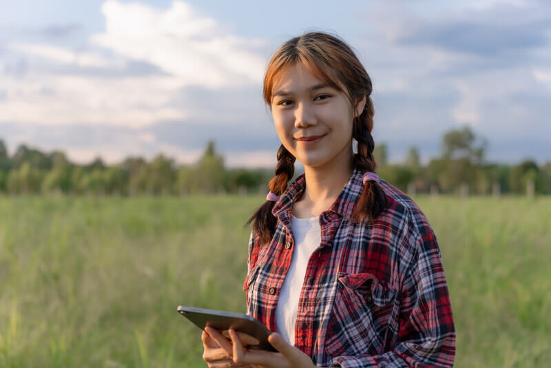 rural college student in a field