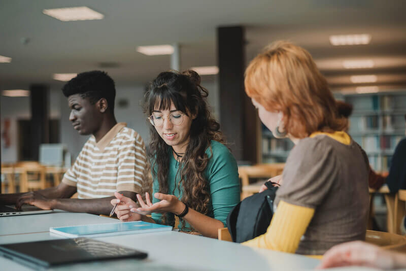 two students work together on group project for their college major