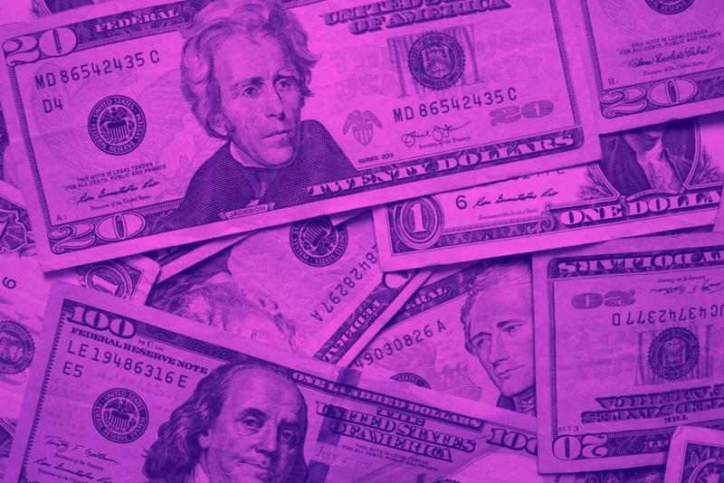 a flat pile of dollar bills with a purple overlay