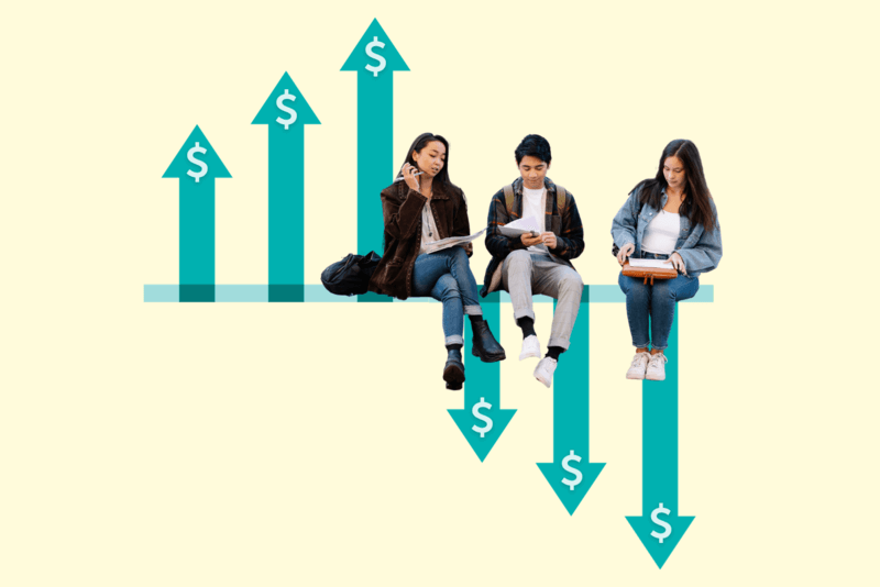 a group of students sits on a wall with arrows pointing up and down coming from the wall