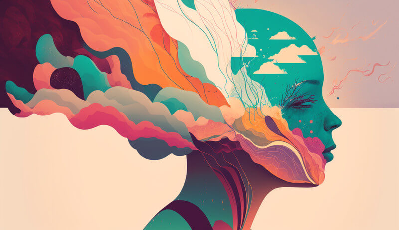 a woman's head with thoughts flowing from her mind