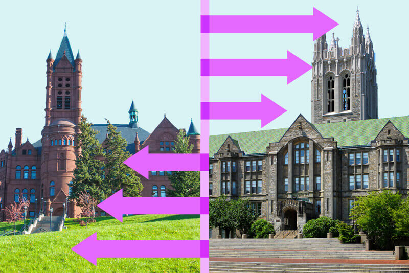 two coleges pictured side by side with arrows indicating transferring college credit 