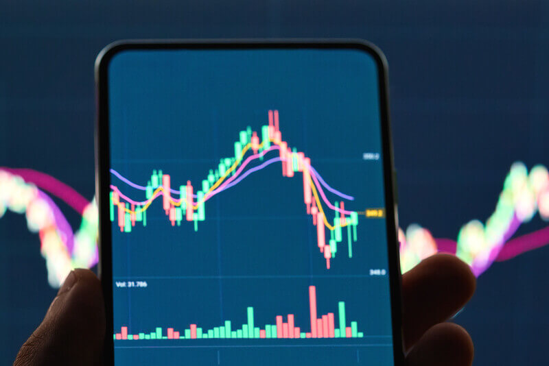 a smart phone showing the stock markets highs snd lows